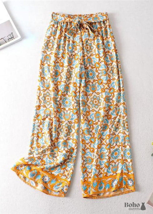 Boho Pants - Palazzo Pants in Floral in Indian Paisley Blue For Women